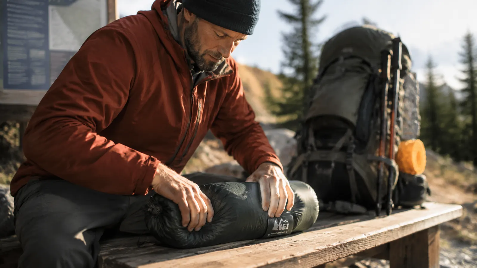 Hiker packing a tent into a stuff sack next to a loaded backpack on a trailhead bench