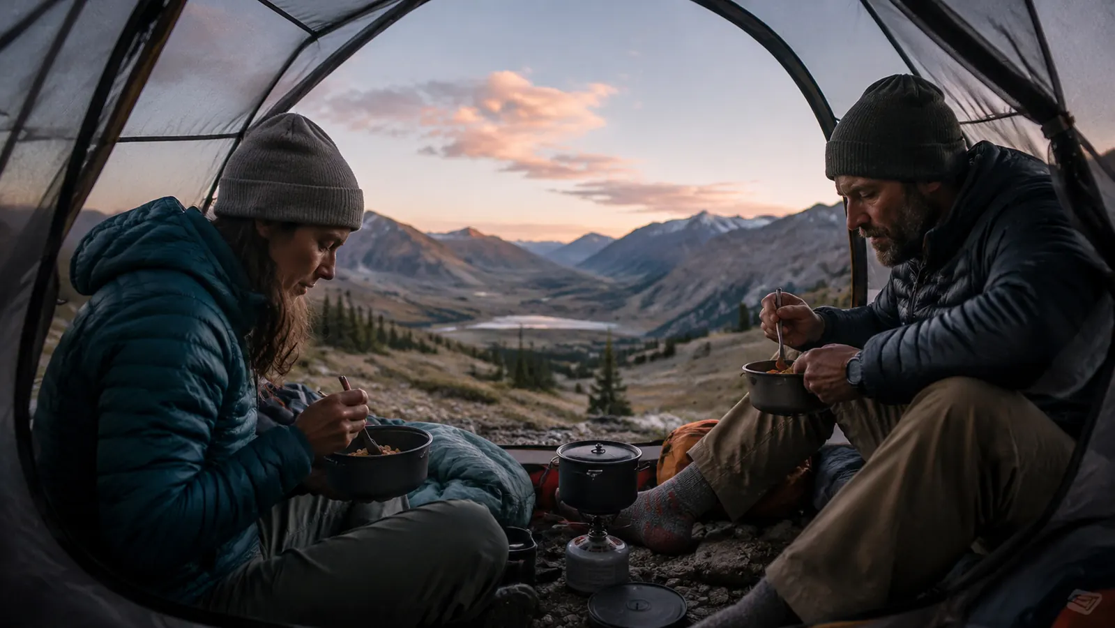 Two hikers eating dinner inside a tent with the door open, mountains visible through the mesh