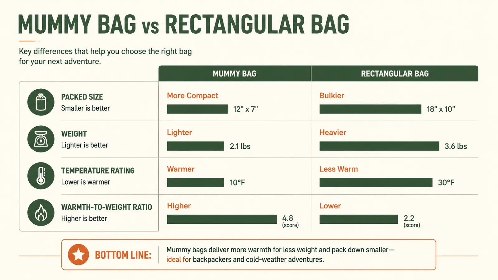 Side-by-side comparison chart showing packed size and weight of mummy bag vs rectangular bag