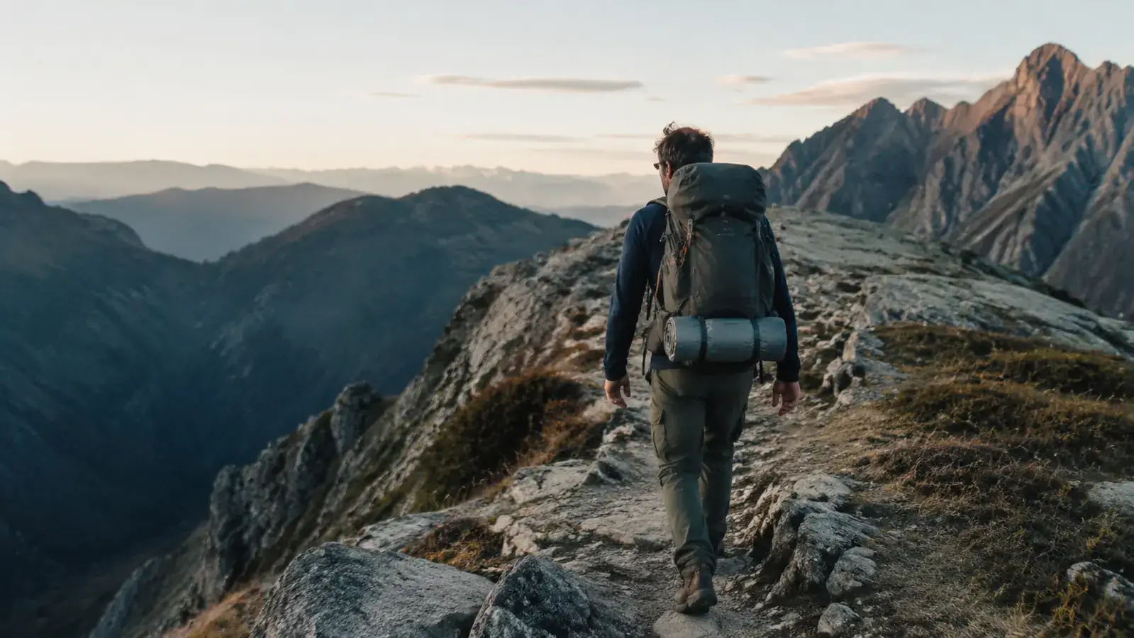 Backpacker with a compression-stuffed mummy bag strapped to a pack on a mountain trail
