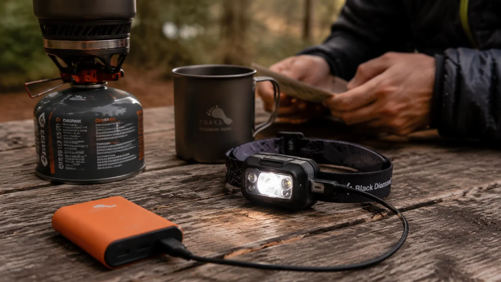 Rechargeable headlamp plugged into a USB power bank on a camp table next to a camp stove