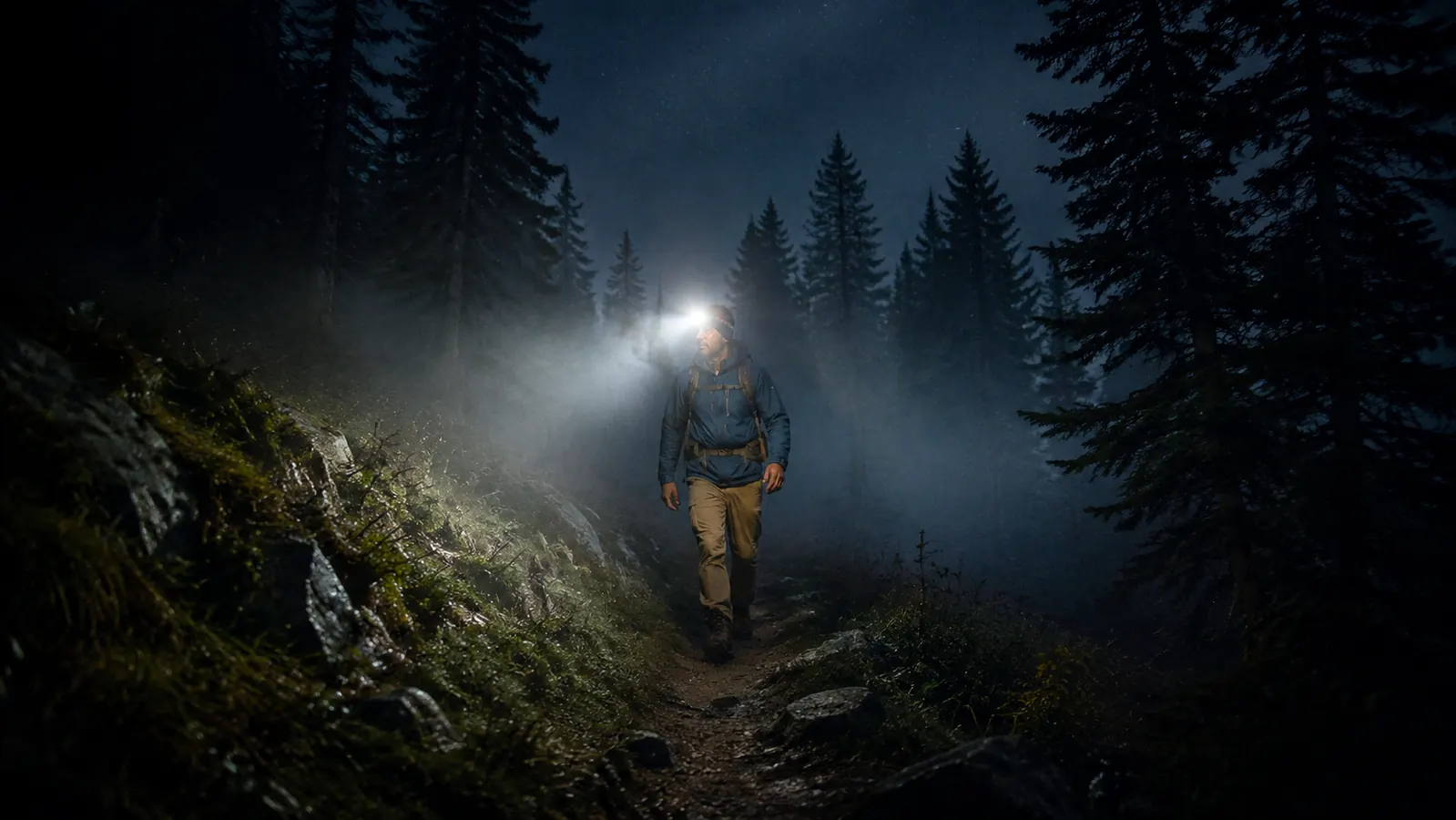 Hiker using a headlamp on a dark trail through dense forest at night, beam cutting through fog