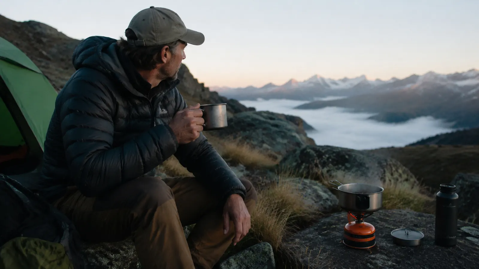 Backpacker making hot coffee in camp with small stove at dawn in the mountains