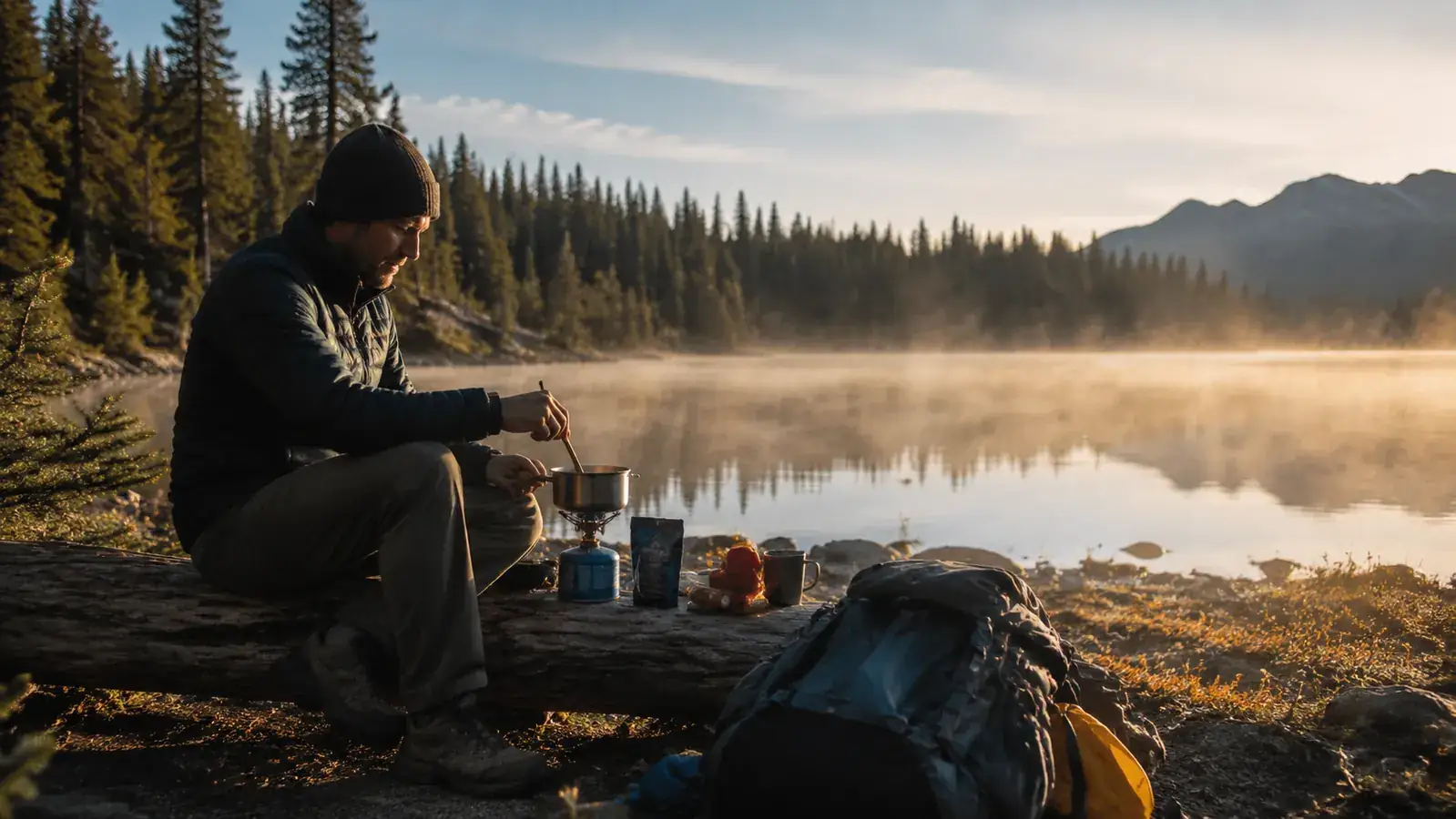 Backpacker cooking breakfast at a mountain lake campsite with a lightweight canister stove