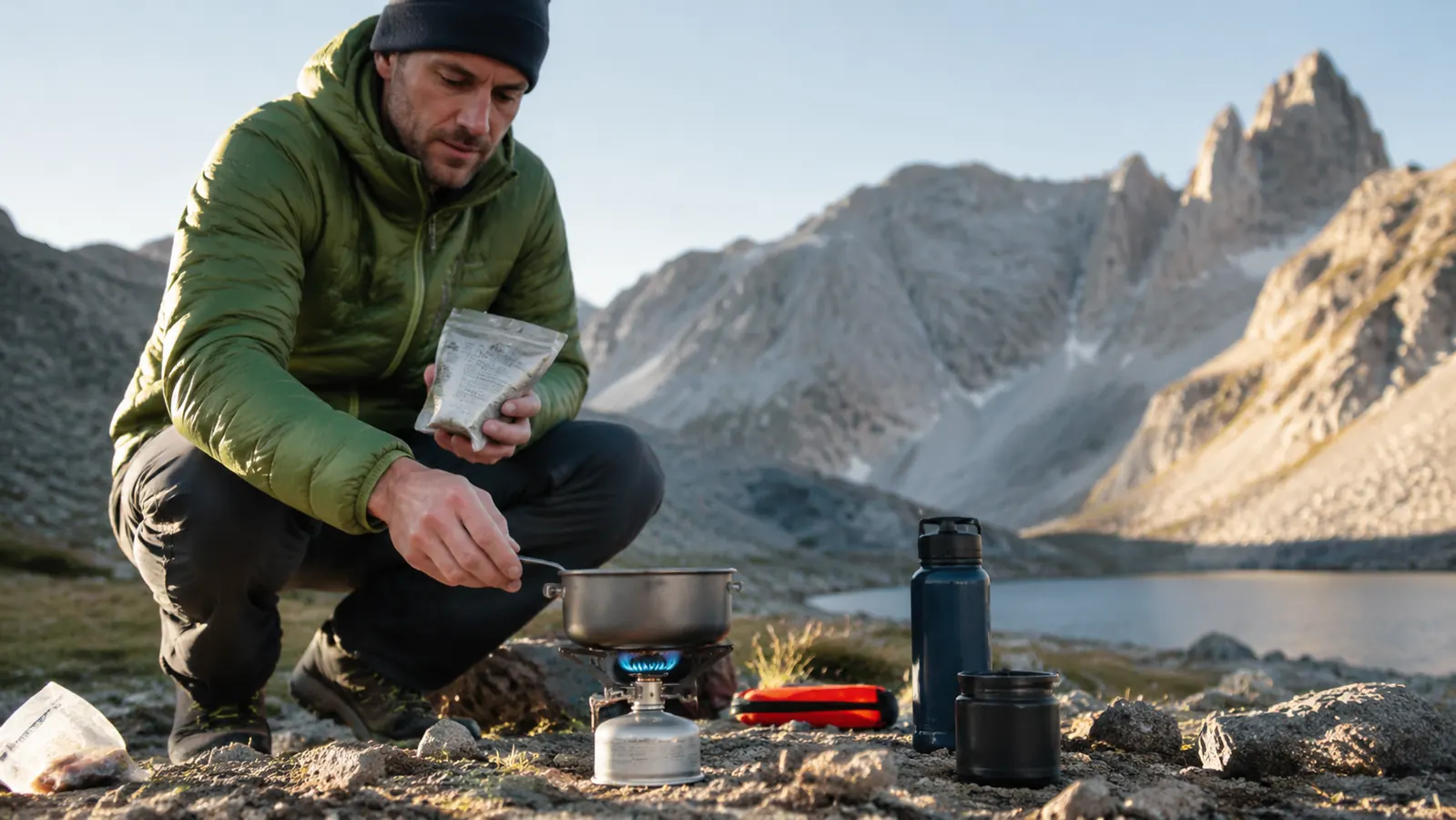 BRS-3000T titanium stove screwed onto a small canister, flame burning under a titanium pot on rocky ground