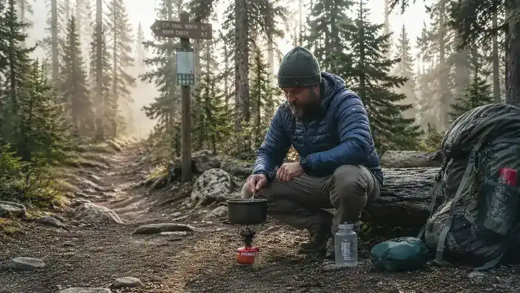 Backpacker cooking at a camp stove at a trail junction, trees in the background, relaxed morning feel