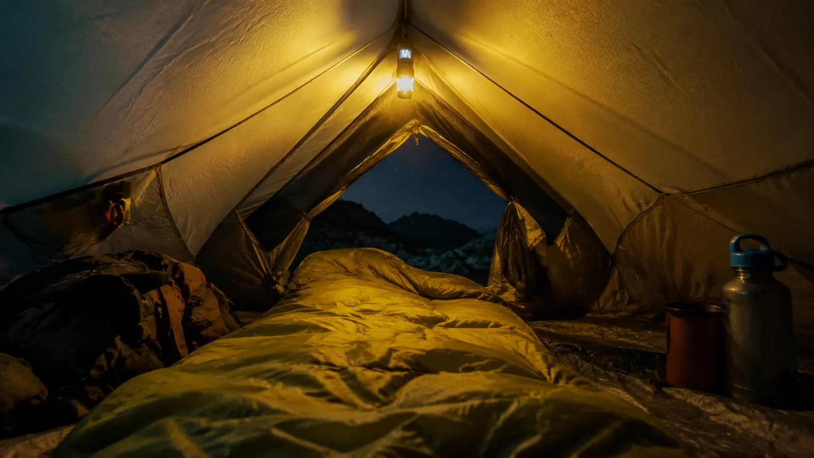 Interior view of a backpacking tent with a sleeping bag spread out and a small headlamp hanging from the peak