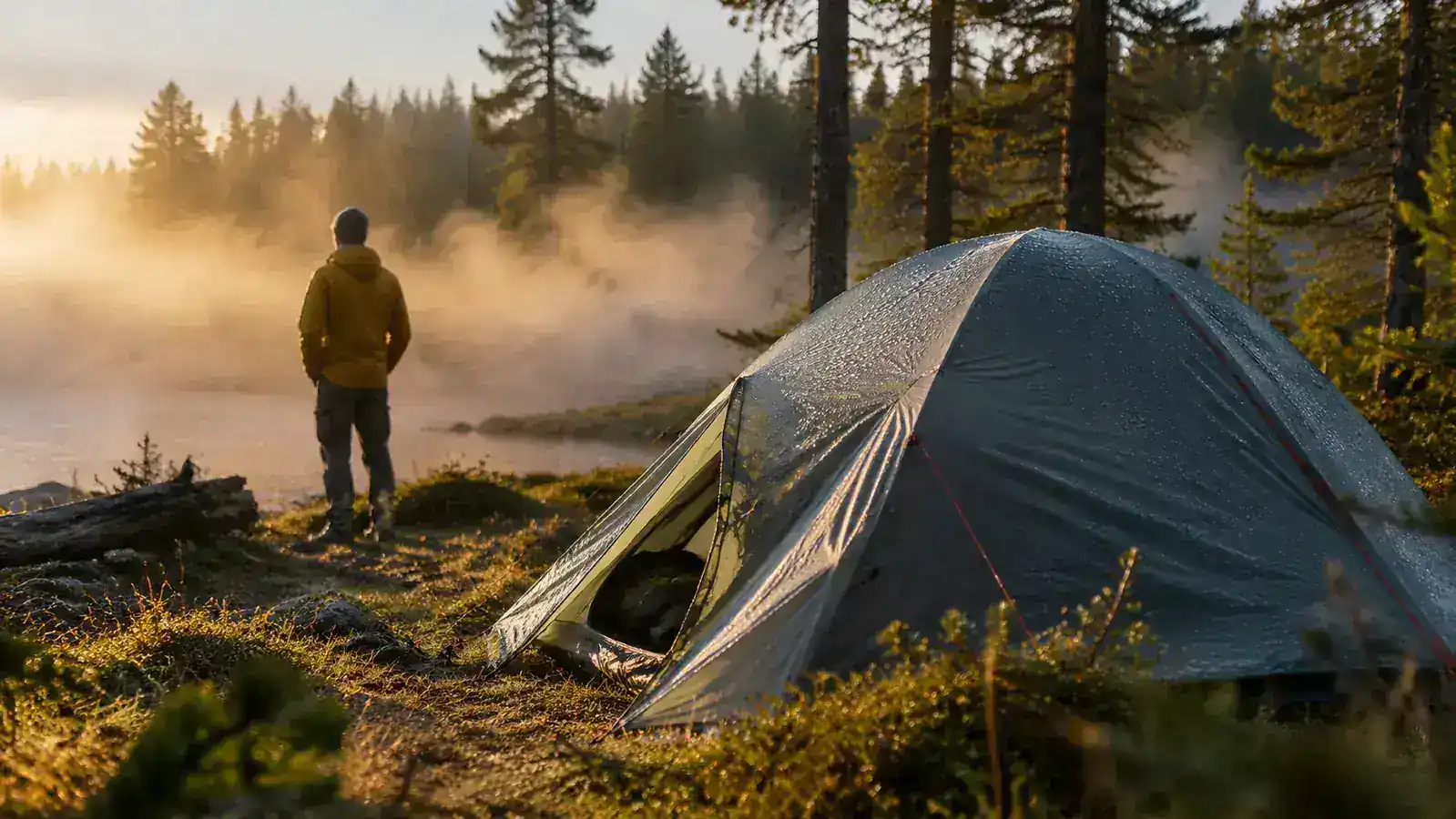 Dew-covered backpacking tent in morning light with forest and mist in the background