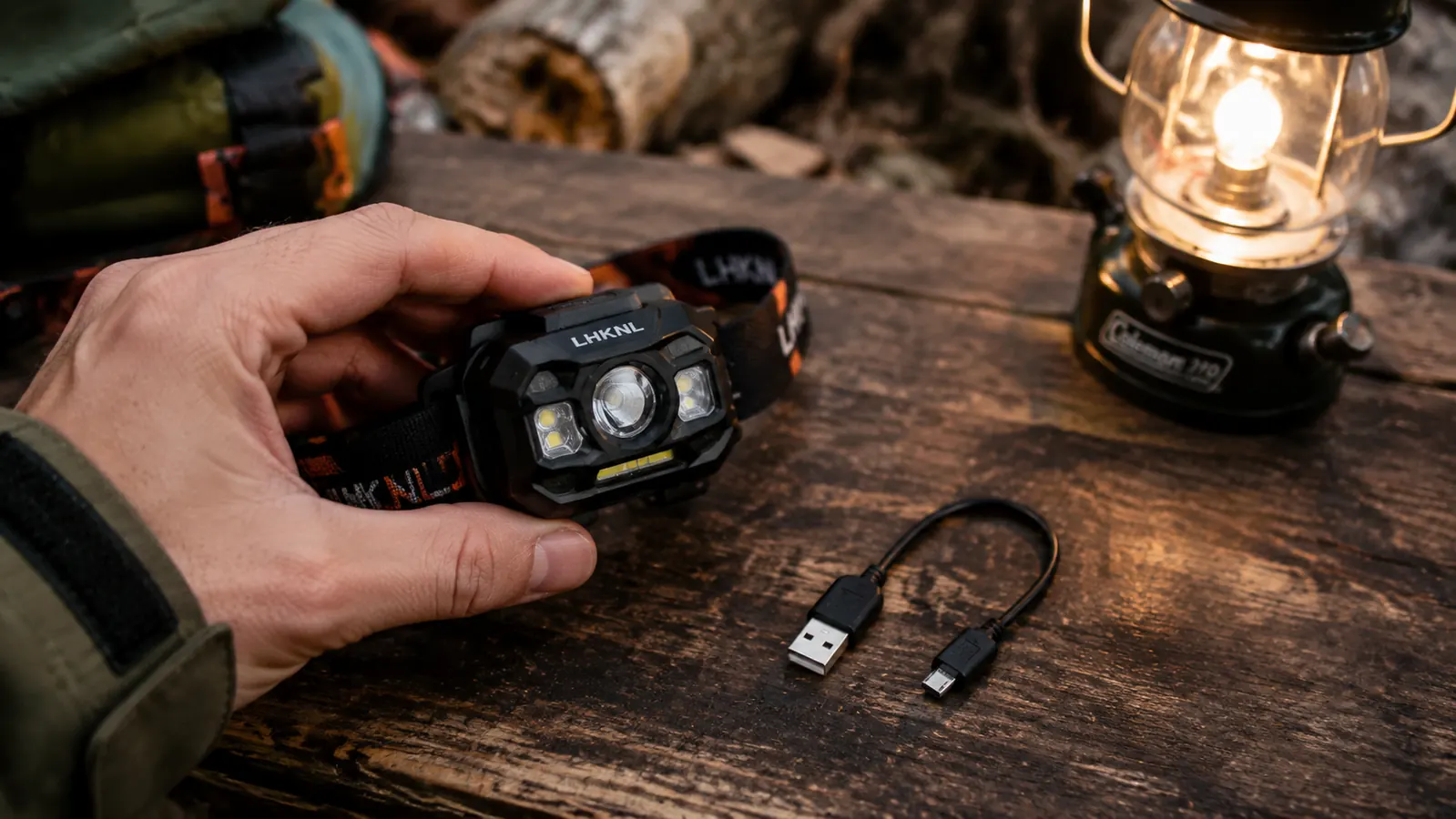 Hand holding an LHKNL rechargeable headlamp next to a USB charging cable on a wooden camp table