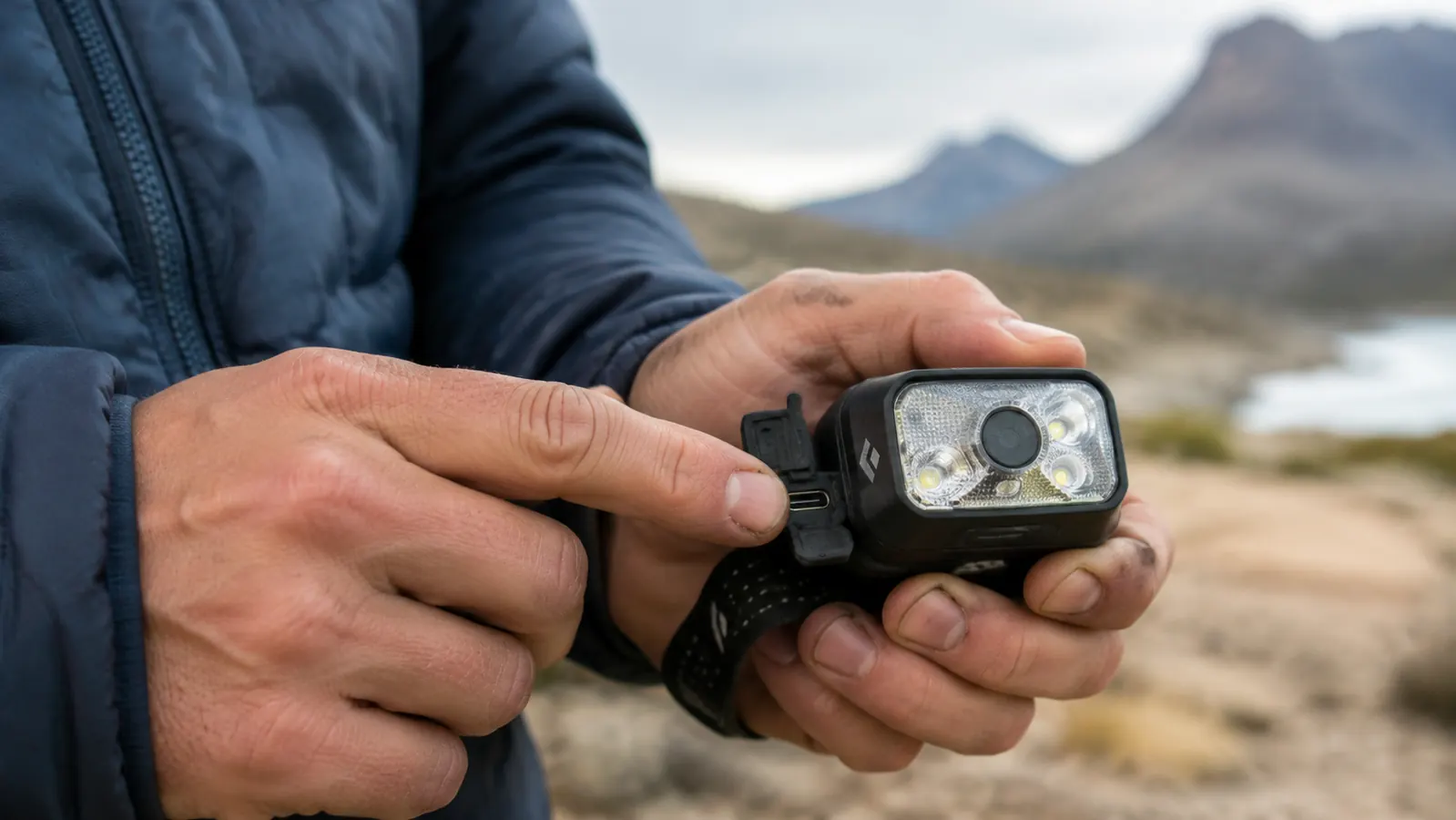 Hand holding the LHKNL rechargeable headlamp showing the USB charging port and motion sensor