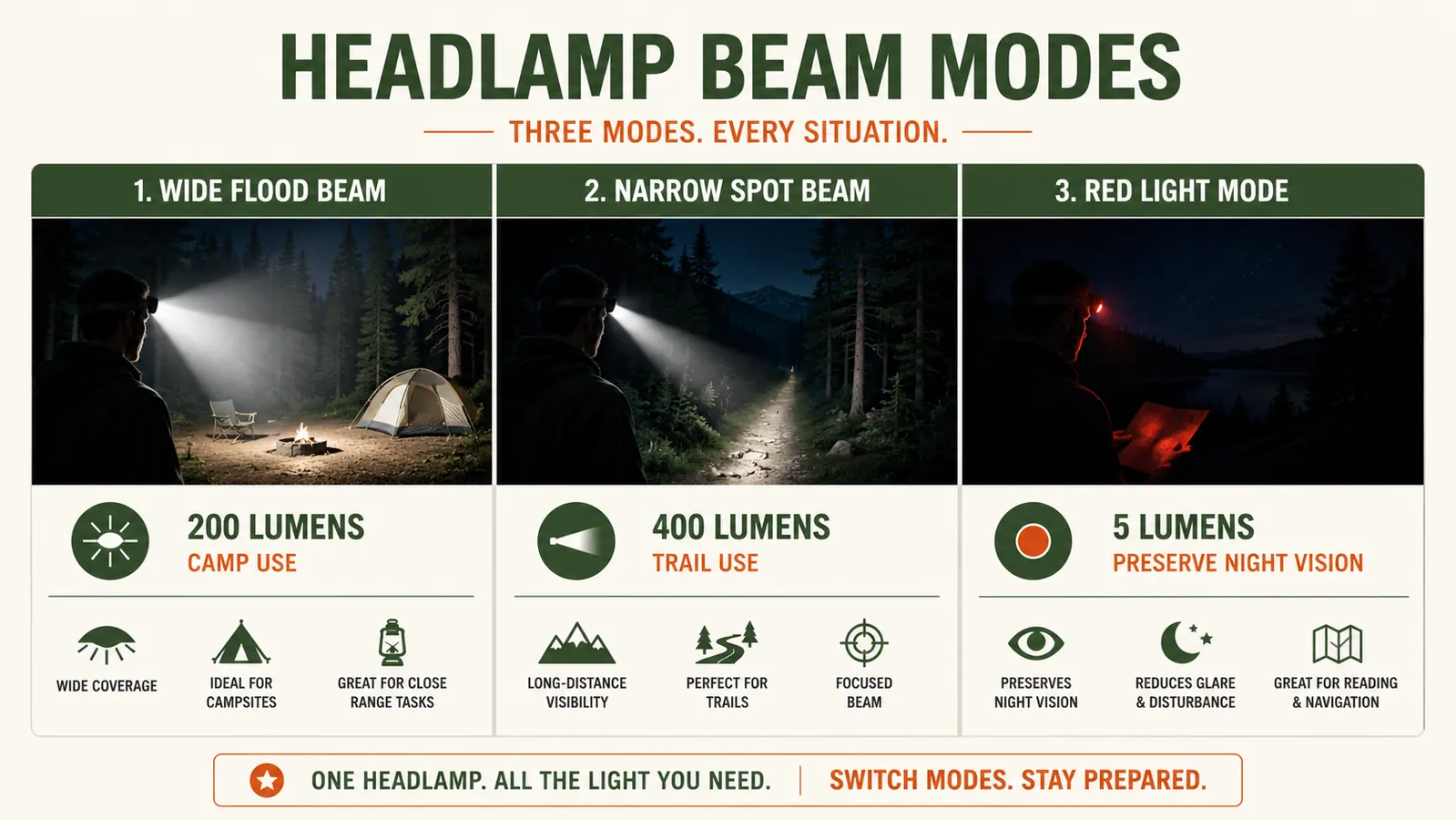 Comparison chart of headlamp beam modes: high lumen flood, spot beam, and red night-vision mode