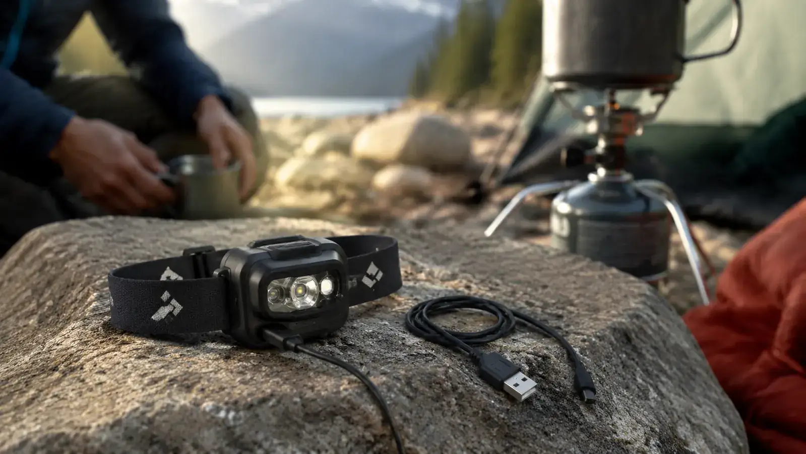 Headlamp sitting on a rock next to a USB charging cable at a campsite