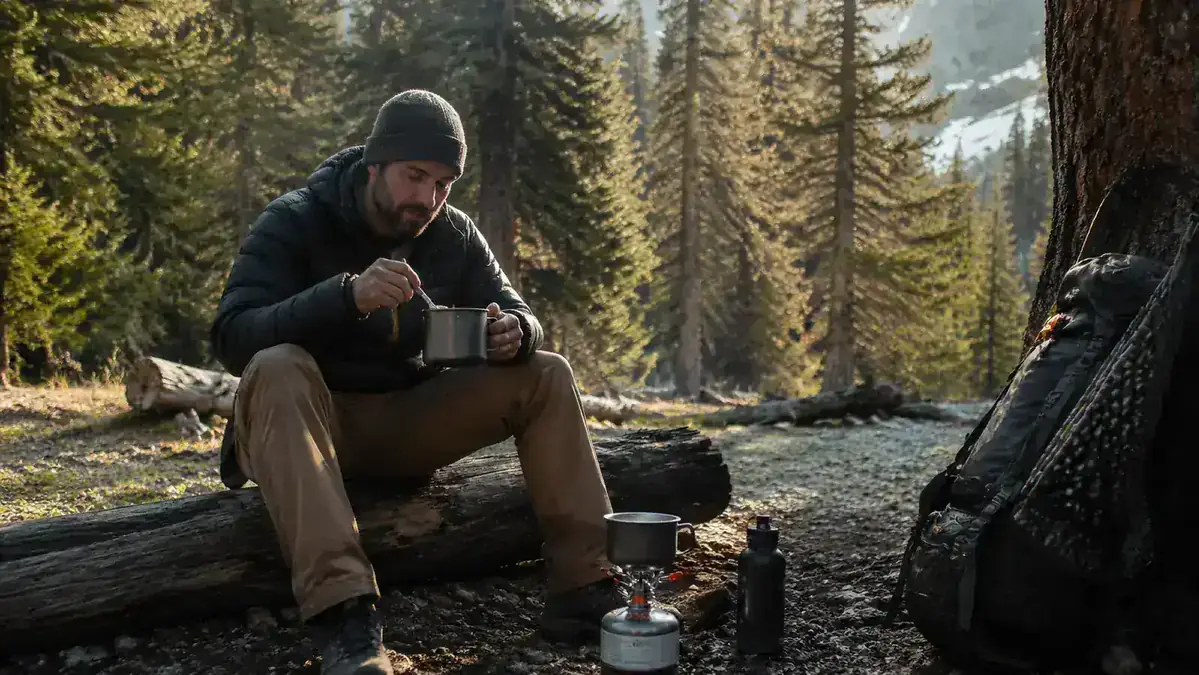 Backpacker eating a hot meal from a titanium cup at camp, trees visible in background, late afternoon light