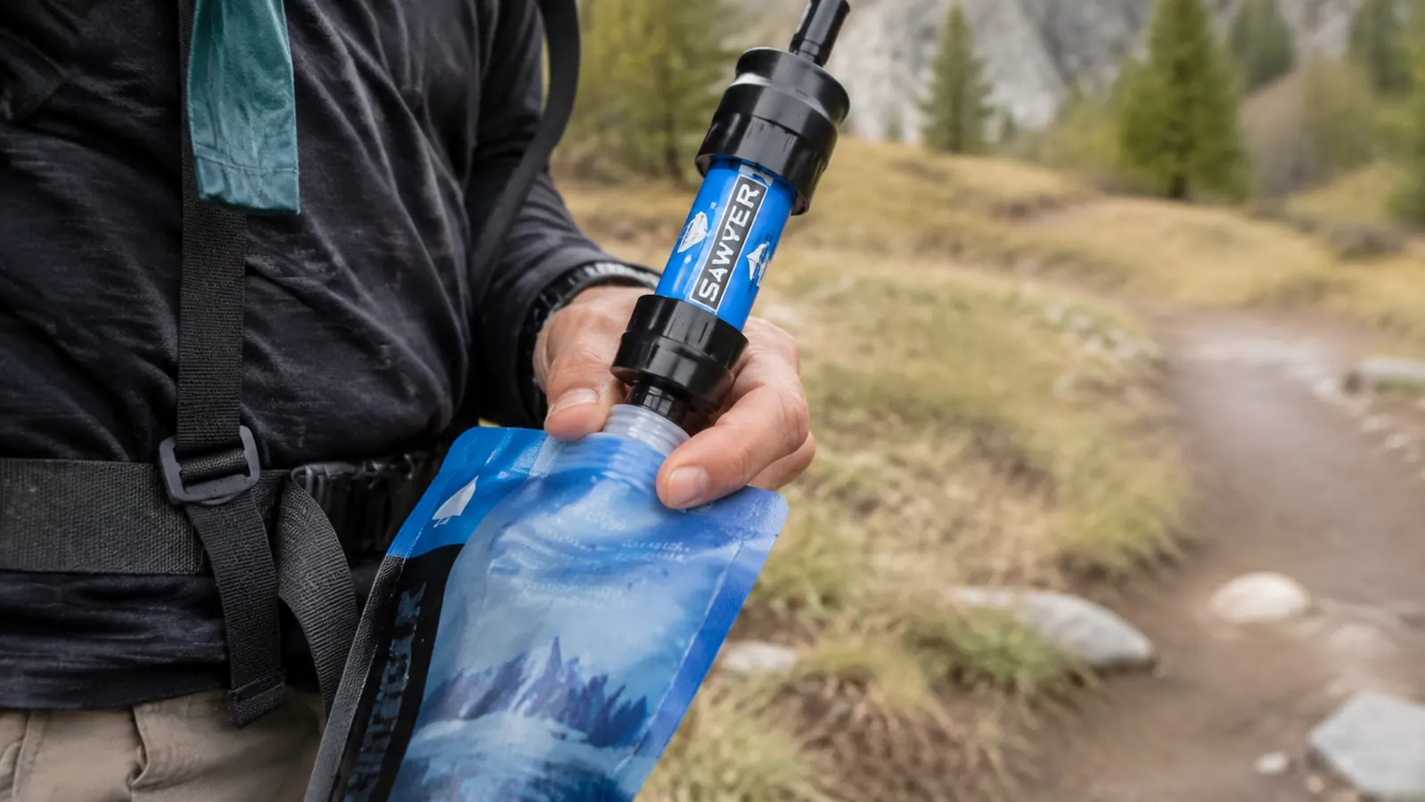 Hand holding a Sawyer Mini water filter with a blue squeeze pouch clipped to a backpack strap