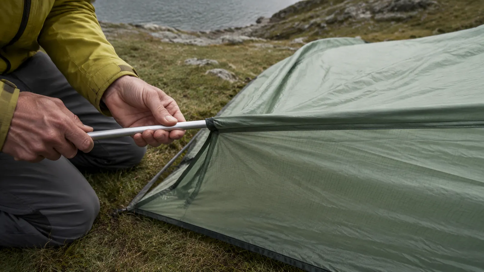 Close-up of hands threading aluminum tent poles through pole sleeves on a green single-wall tent