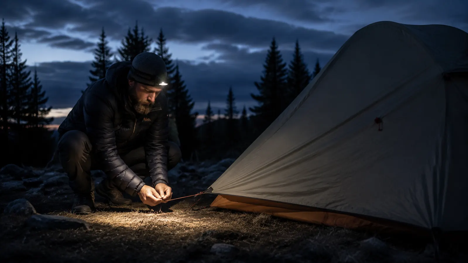 Backpacker adjusting tent guylines in fading light with headlamp on forehead, forest background