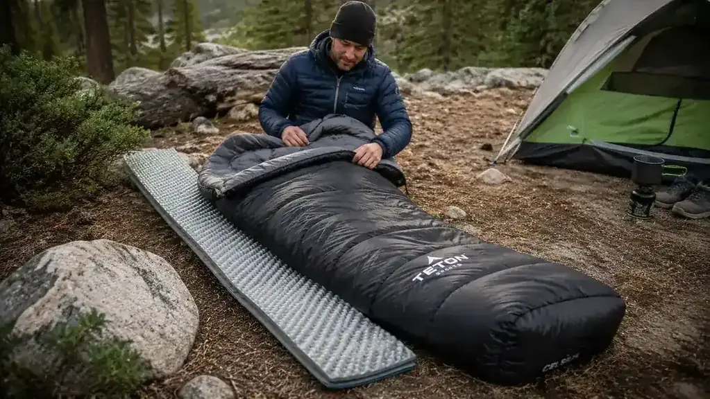 Teton Sports Celsius sleeping bag laid out on a sleeping pad next to a foam pad for R-value comparison