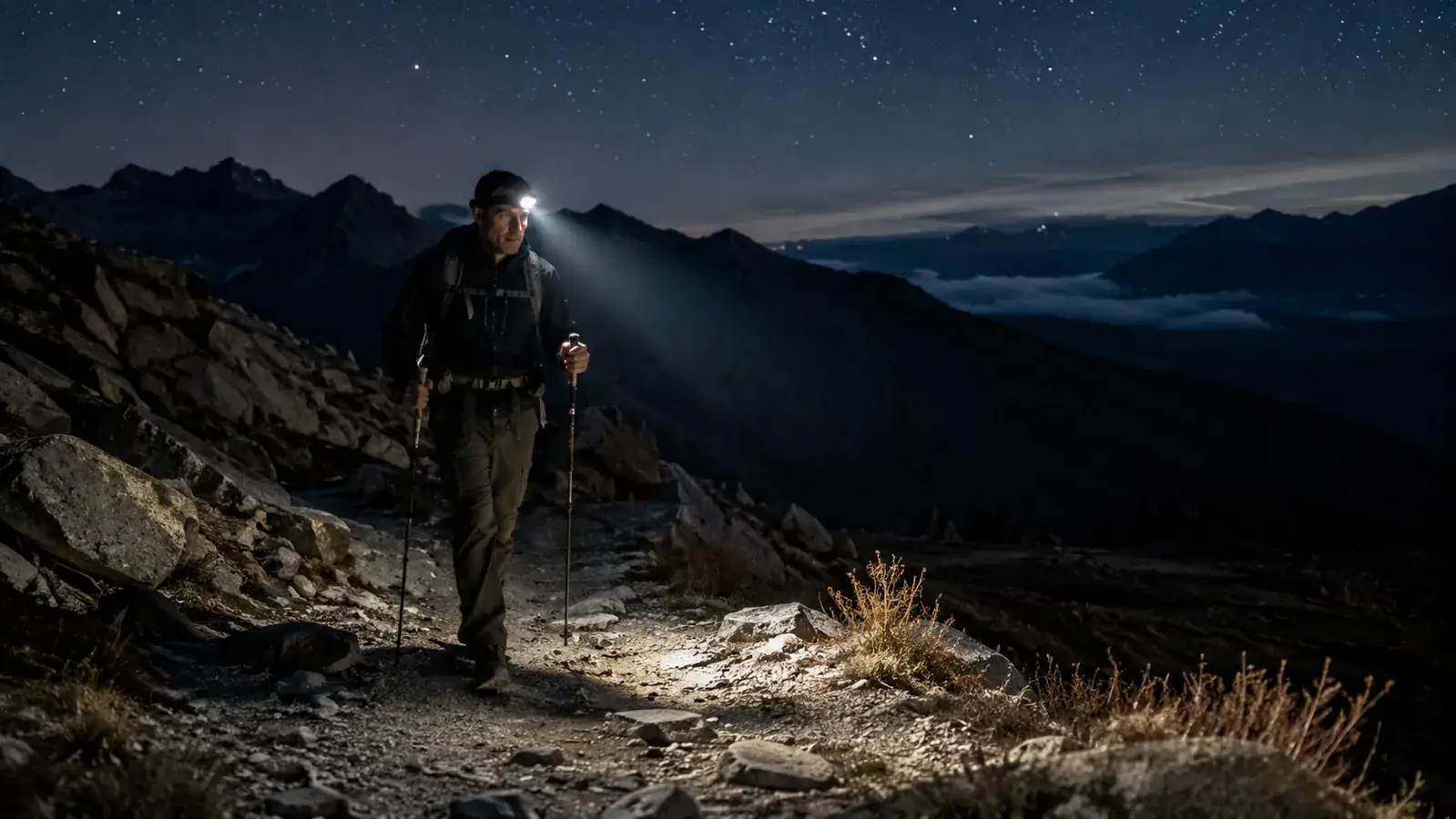 hiker descending a rocky trail at night lit only by a headlamp beam cutting through the dark