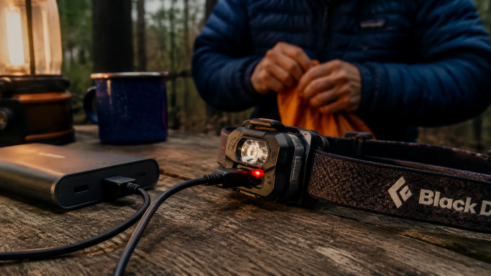 Hand holding LHKNL rechargeable headlamp showing USB charging port