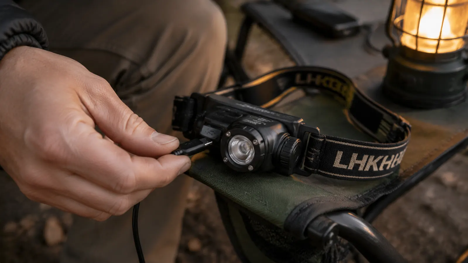 Hand holding a rechargeable headlamp and plugging in a USB charging cable at a campsite