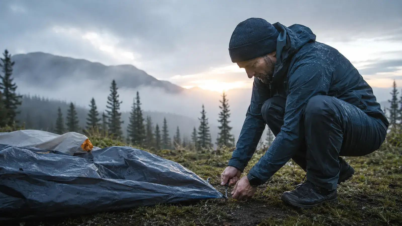 Solo hiker breaking down the Naturehike Cloud-Up tent on a foggy mountain campsite in the morning