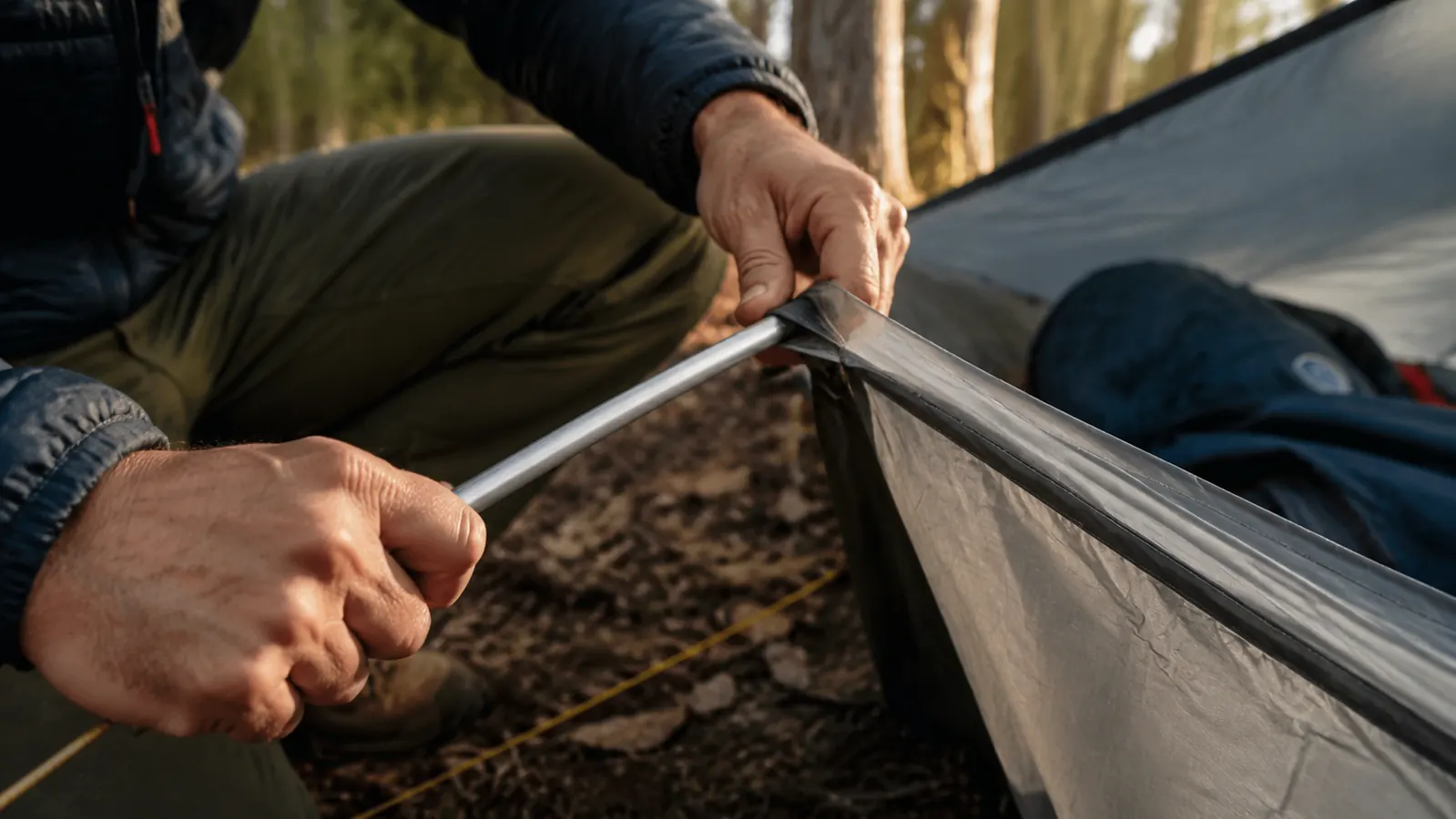 Hands threading a DAC aluminum pole through the tent sleeve at a forested campsite