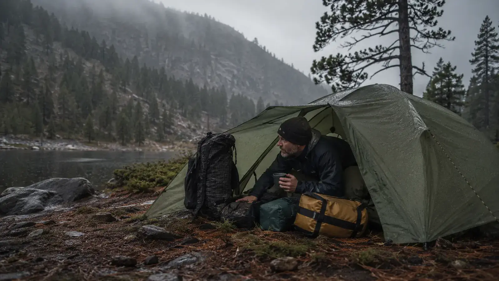 Hiker crouching at tent door during light rain, checking the vestibule space for gear storage