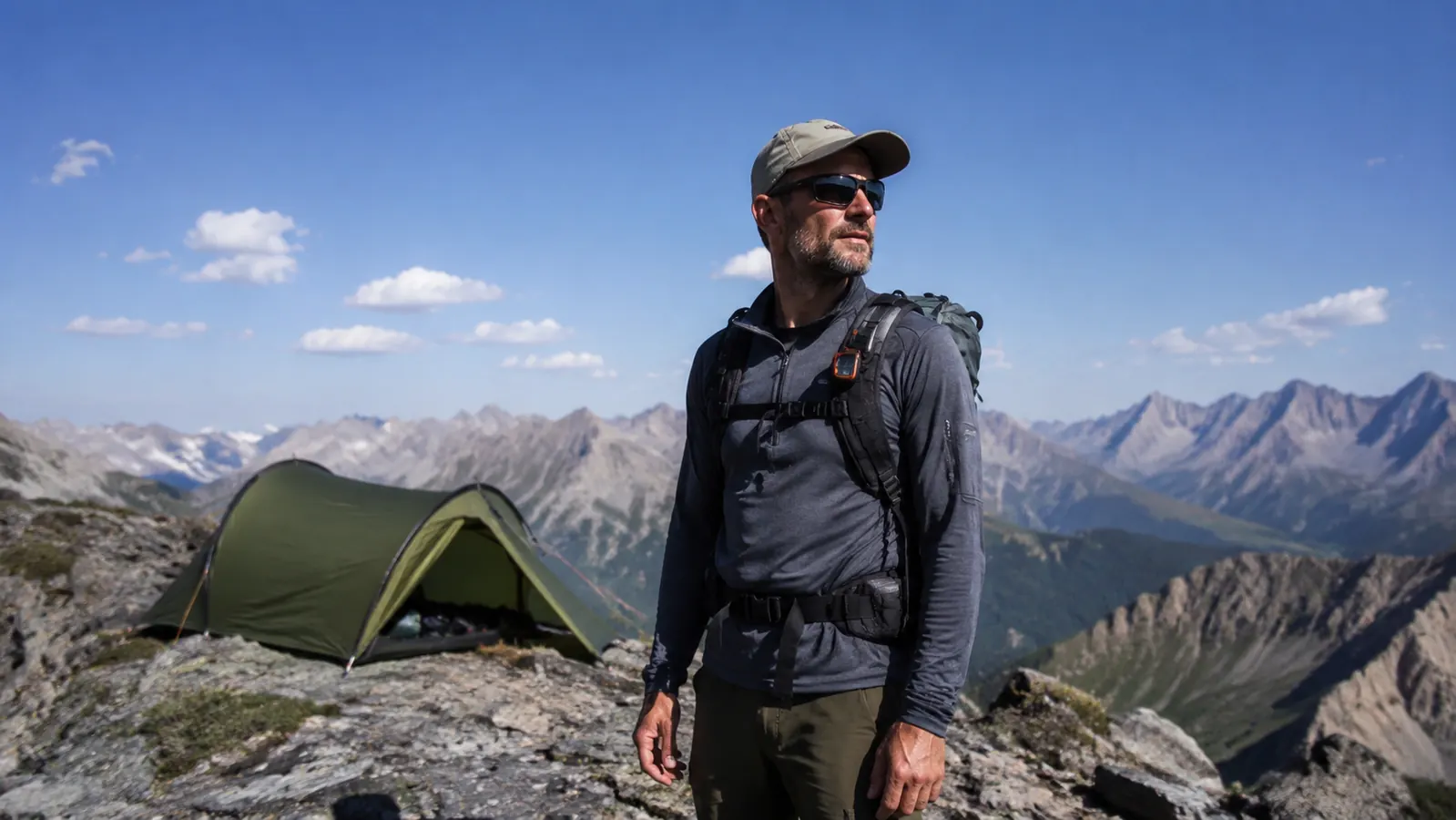 Backpacker on a high alpine ridge with a compact tent pitched in the background against a blue sky