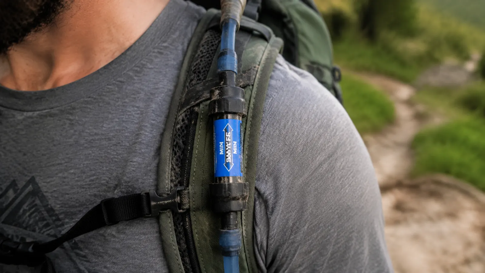 Sawyer Mini inline filter setup clipped to a hydration pack hose on a backpacker's shoulder strap