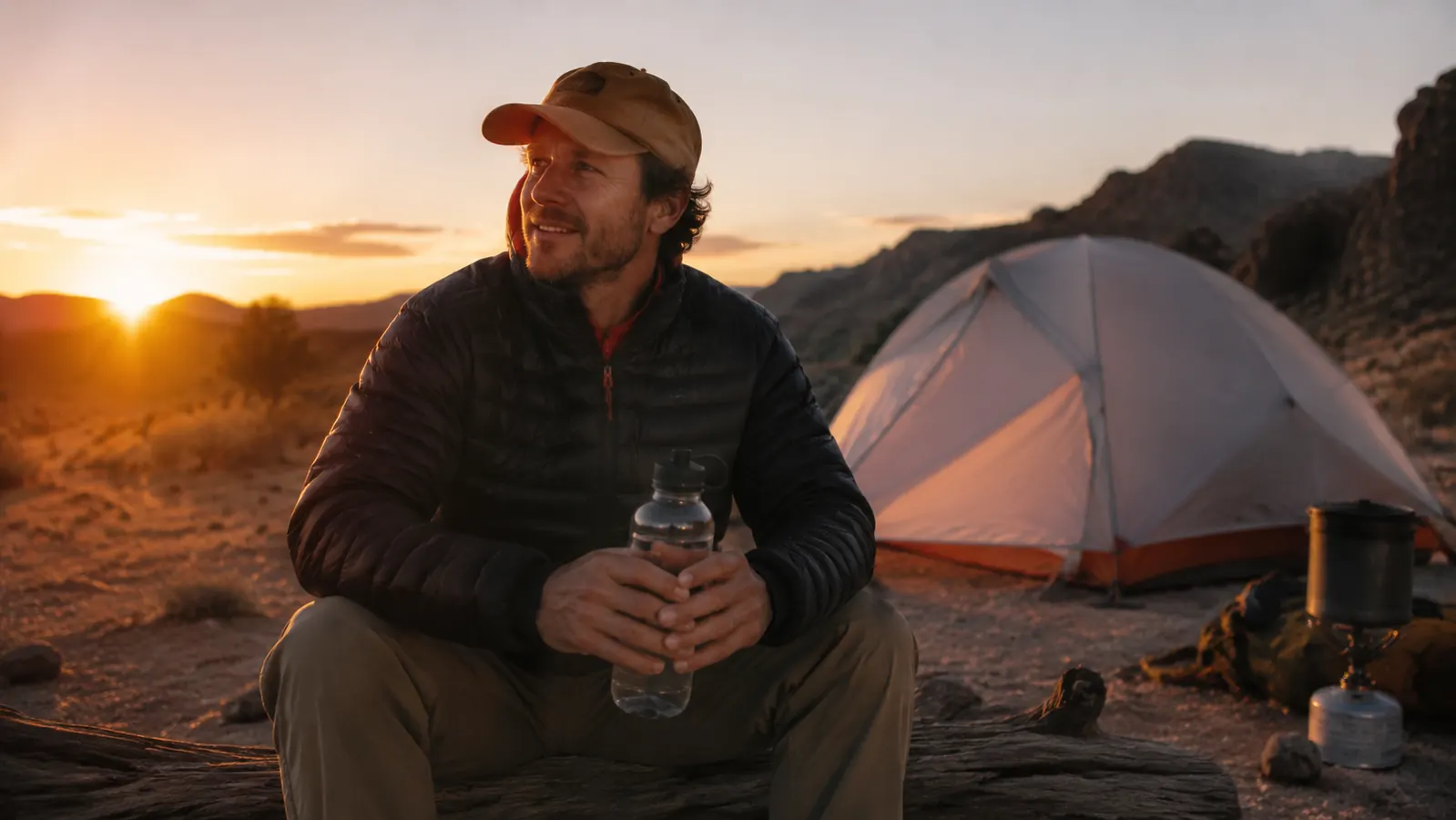 Hiker sitting at camp at dusk with a full water bottle in hand, relaxed after a long trail day