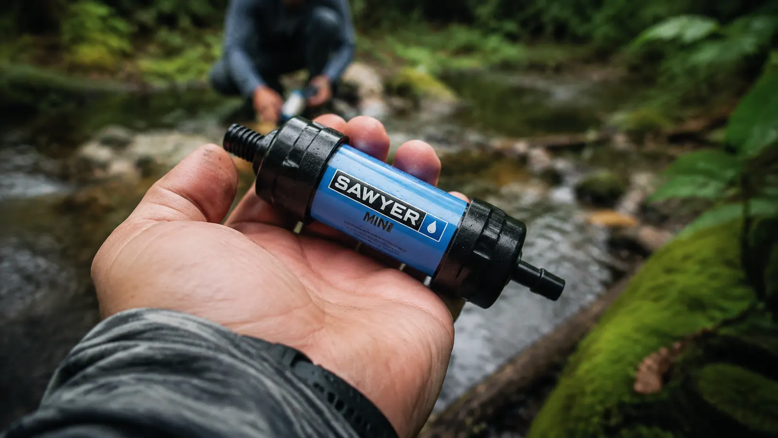 Sawyer Mini water filter being held in hand showing the inline threading