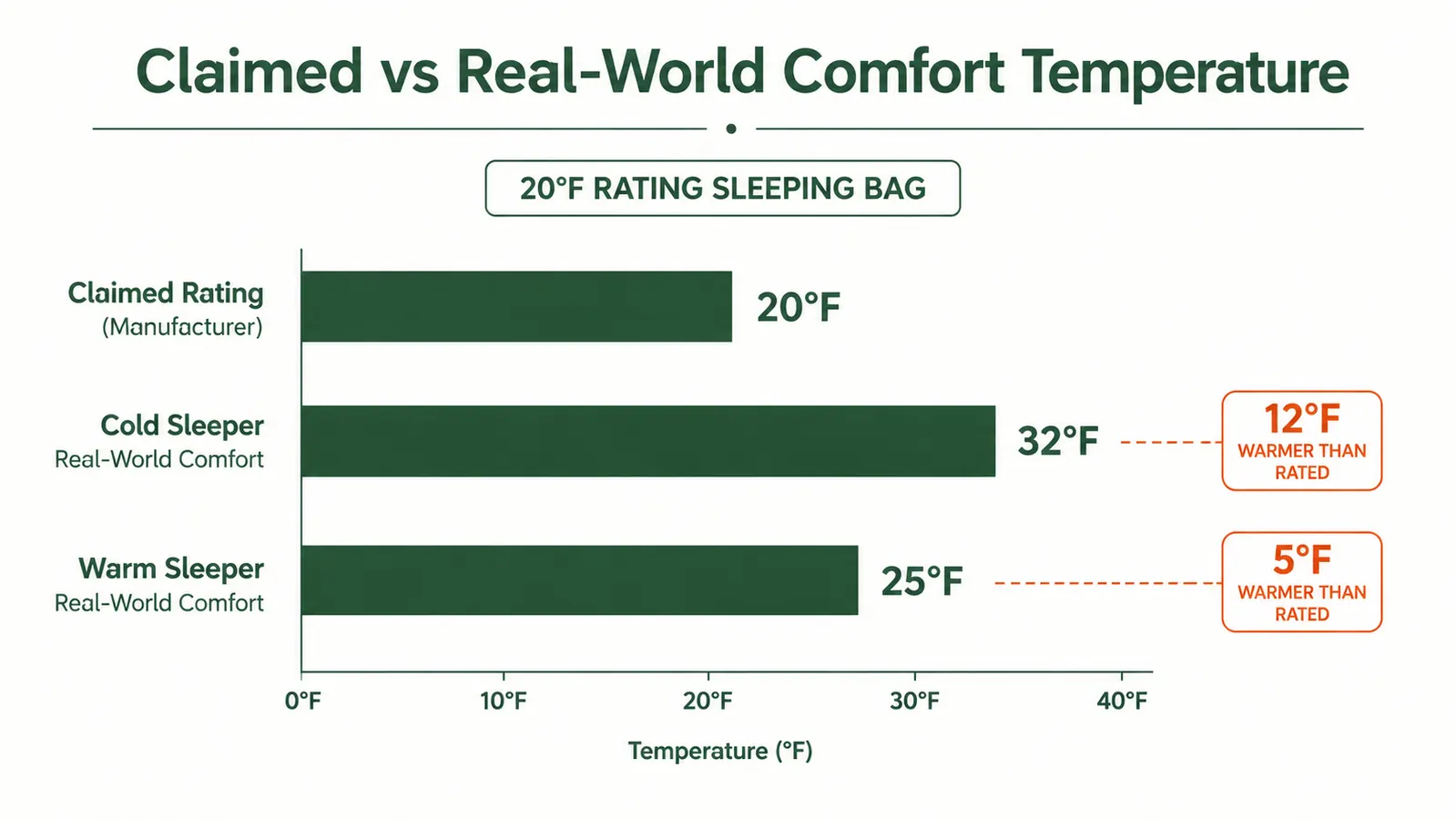 Chart comparing claimed versus real-world temperature performance for budget mummy sleeping bags rated at 20 degrees Fahrenheit