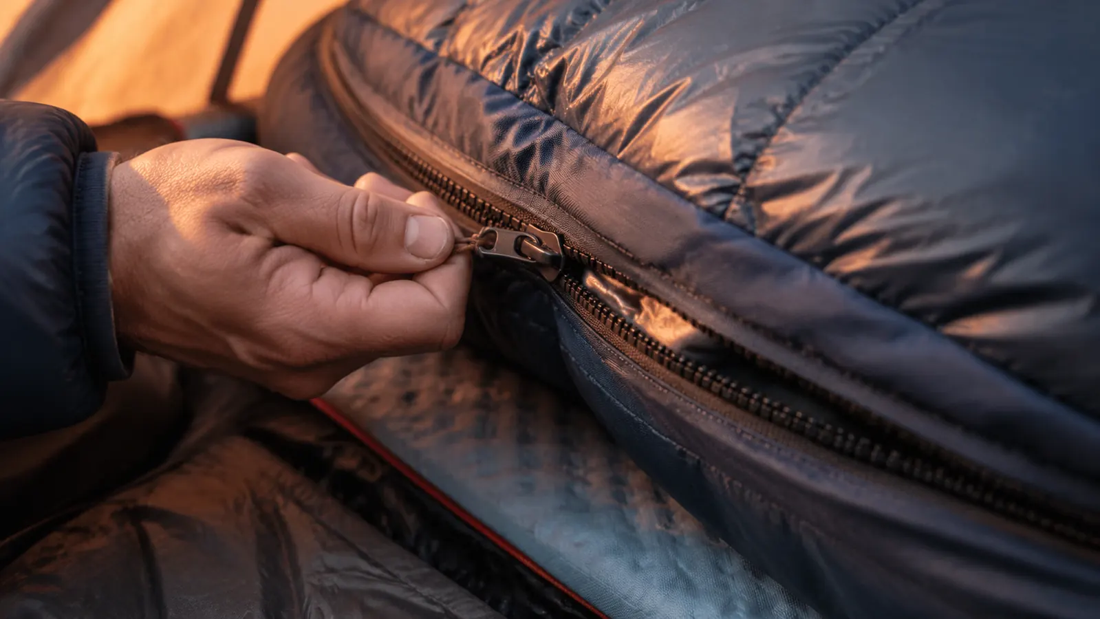 Close-up of the Teton Sports Celsius zipper pull and anti-snag draft tube, showing construction detail