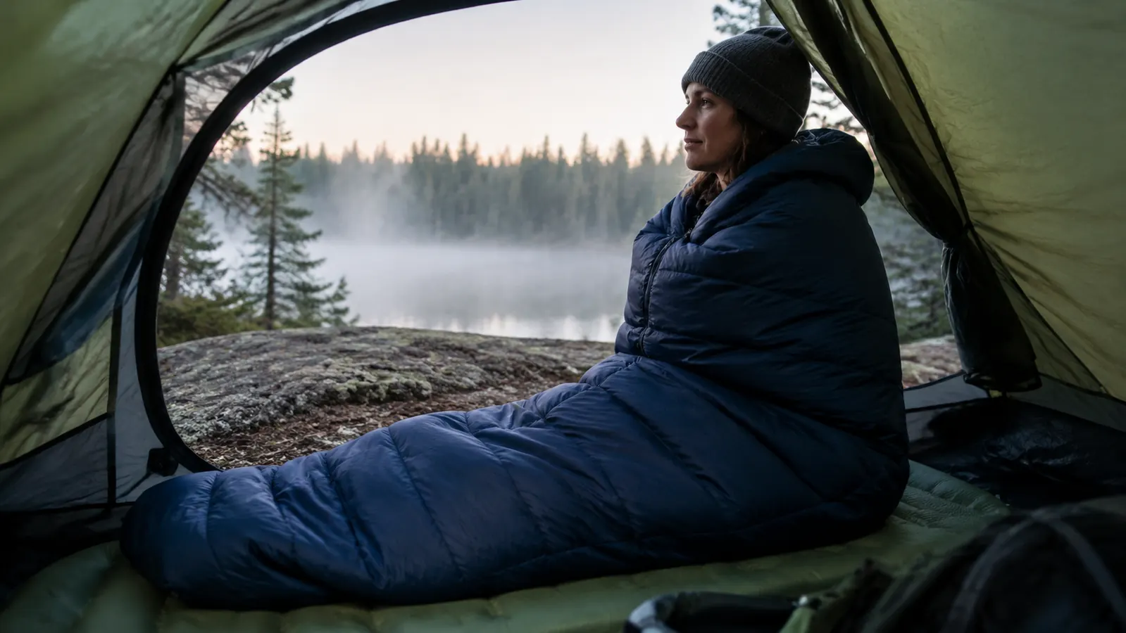 Camper in mummy sleeping bag sitting upright in tent doorway looking at early morning fog over a lake